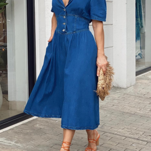 V Neck Short sleeve Urban Regular Fit Denim Midi Dress