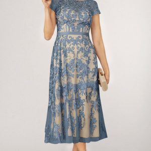 Plus Size Mother Of The Bride Blue Chiffon Lace Tunic Tea-Length Dress