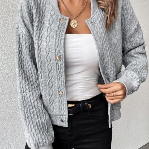 Fashion Cable Knit Button Front Sweater Baseball Jacket