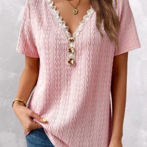 Women’s Lace Neck Short Sleeve V-neck Top