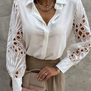 Solid Color Lace Panel Shirt Shirt
