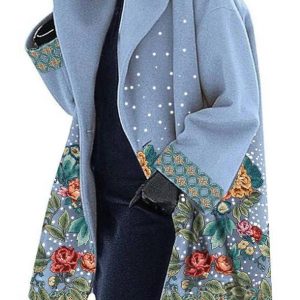 Round neck loose print hooded wool coat
