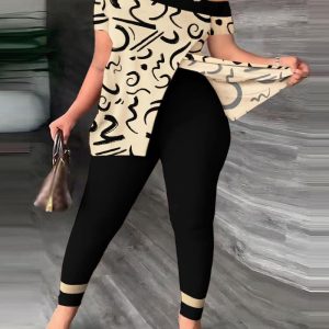 Plus Size Faith Geometric Print Split Hem Top & Pants Set