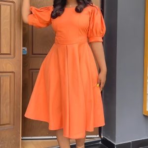 Round Neck Puff Sleeve Pleated A-Line Midi Dresses