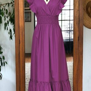 Ruffle Sleeve Smocked High Waist Cotton Dress