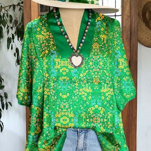 Elegant Floral Print Satin V-neck Top