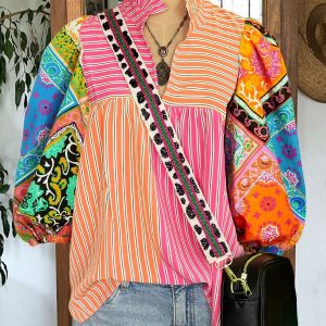 Casual Striped Print Contrasting Color Puff Sleeve Top