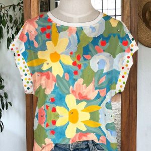 Elegant Flower Print Stitching Diamond Round Neck T-shirt Top
