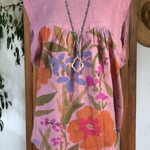 Vintage Cotton Linen Stitching Flower Printed Top