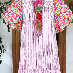 Vintage Stripe Print Paneled Puff Sleeve Embroidered Ruffle Midi Dress