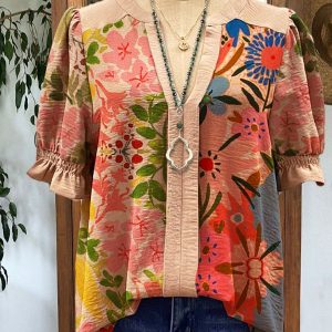Contrast Color Flower Print Puff Sleeve Top
