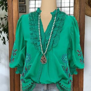 Floral Print Pleated Ruffle V-neck Blouses