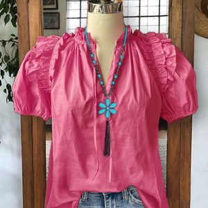 Cotton Blend Pleated Ruffle Puff Sleeve V-neck Top