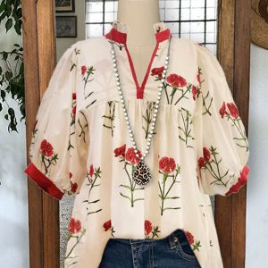 Elegant Floral Print Pleated Puff Sleeve V-neck Top