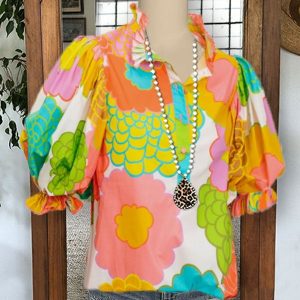 Floral Print Puff Sleeved Pleated Ruffled Collar Top