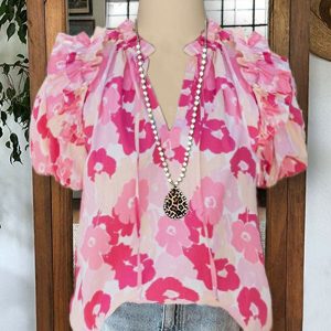 Pleated Ruffle Puff Sleeve Floral Print V-neck Top