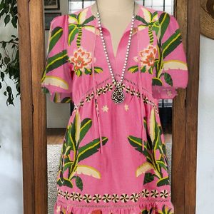 Lace Paneled Pleated Floral Print Puff Sleeved Dress