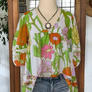 Casual Pleated Floral Print V-neck Top