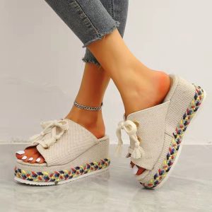 Wedge Heel Color Woven Slippers
