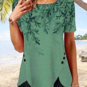 Women’s Crew Neck Floral Tulip Hem Resort Tunic T-Shirt