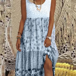 Casual Loose Floral Print Panel Sleeveless Midi Dress