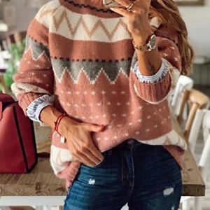 Long Sleeve Round Neck Color Contrast Stitching Sweater
