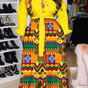 Plus Size Geometric Print Long Sleeve Shirt Dress