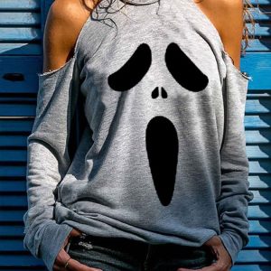 Women’s Ghost Face Print Off-Shoulder Halterneck Long-Sleeve T-Shirt