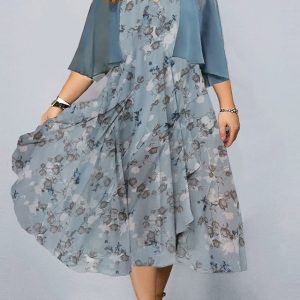 Women’s Plus Size Casual Dress Dress Set Two Piece Dress Floral Midi Dress Half Sleeve Ruched Print V Neck Fashion Outdoor Blue Summer Spring L XL XXL 3XL 4XL