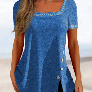Summer Square Neck Plain Short Sleeve Button Split Tunic Tops T-shirt/Tee
