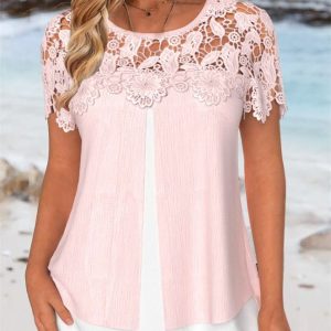Women Short Sleeve Scoop Neck Lace Tops