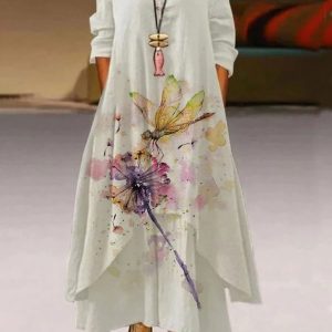 Round Neck Dandelion Print Loose Long Sleeve Maxi Dress