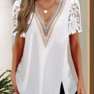 Women Short Sleeve V-neck Lace Tops