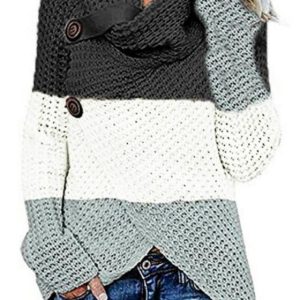 High Collar Color Block Long Sleeve Button Sweaters
