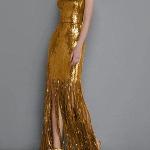 Women’s Party Dress Fringe Dress Wedding Guest Dress Long Dress Maxi Dress Gold Sleeveless Pure Color Sequins Summer Spring Spaghetti Strap Party Evening Party Wedding Guest Vacation 2024 S M L XL#9555401