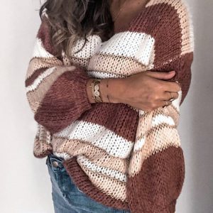 Striped Color Block Printed Long Sleeve V Neck Sweater