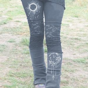 Women’s retro lace print patchwork stretch leggings