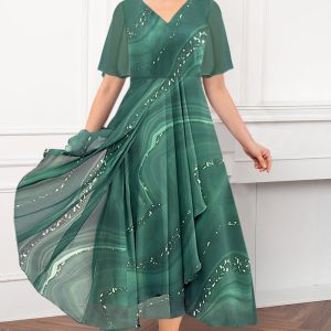 Plus Size Mother Of The Bride Green Texture Print Ruffle Sleeve Tunic Tea-Length Dress