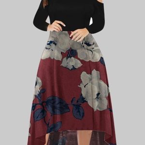 Women’s Plus Size Casual Dress A Line Dress Floral Long Dress Maxi Dress Long Sleeve Plus High Low Print Crew Neck Fashion Office Black White Summer Spring XL XXL 3XL 4XL 5XL