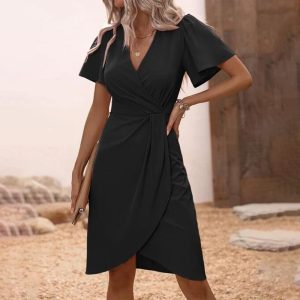 Black Plain Short Sleeve Midi Dress