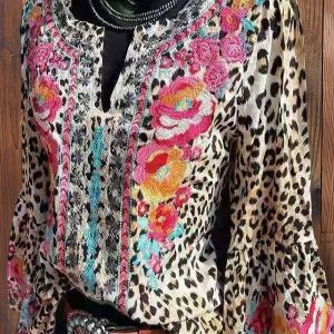 Leopard Print Floral Print Flared Sleeve Blouse