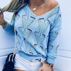 Loose Hollow V-neck Knitted Sweater