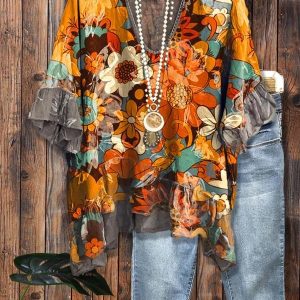 Casual Floral Print Paneled Ruffled Top