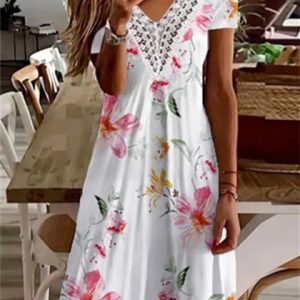 Women’s Short-sleeved Off-the-shoulder V-neck Lace Floral Print Casual Dress