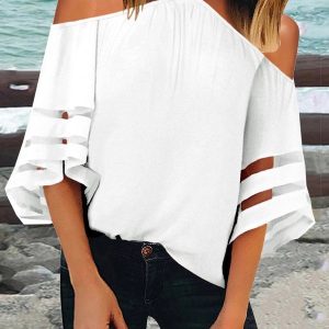 Sexy Halter Strapless Bell Sleeve Stitching Mesh T-Shirts