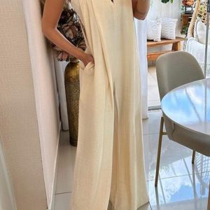 Apricot Casual Solid Backless V Neck Regular Jumpsuits
