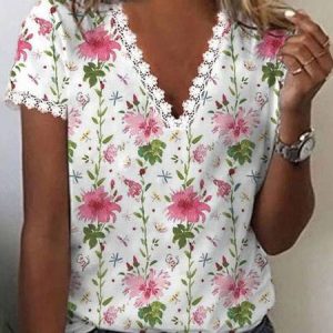 Women’s Floral Printed Hollow Short Sleeve V-neck Top
