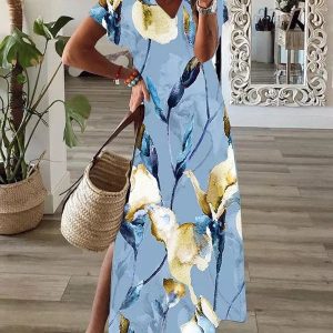 V-neck Casual Loose Floral Print Short Sleeve Maxi Dress