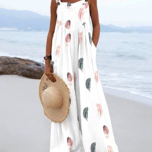 Feather Print Wide Leg Suspender Jumpsuit