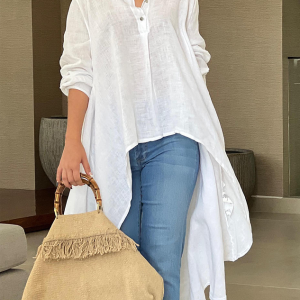Plain Urban Loose Shirt Collar Long sleeve Mid-long Blouse